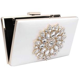 Evening clutch with chain, NWOT, white with jeweled embellishments.